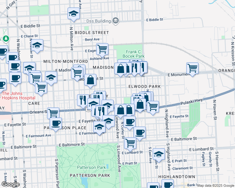 map of restaurants, bars, coffee shops, grocery stores, and more near 515 North Linwood Avenue in Baltimore