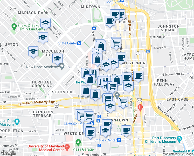 map of restaurants, bars, coffee shops, grocery stores, and more near N Howard St & W Monument St in Baltimore