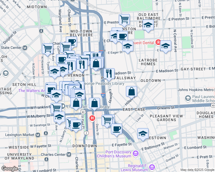 map of restaurants, bars, coffee shops, grocery stores, and more near 620 Fallsway in Baltimore