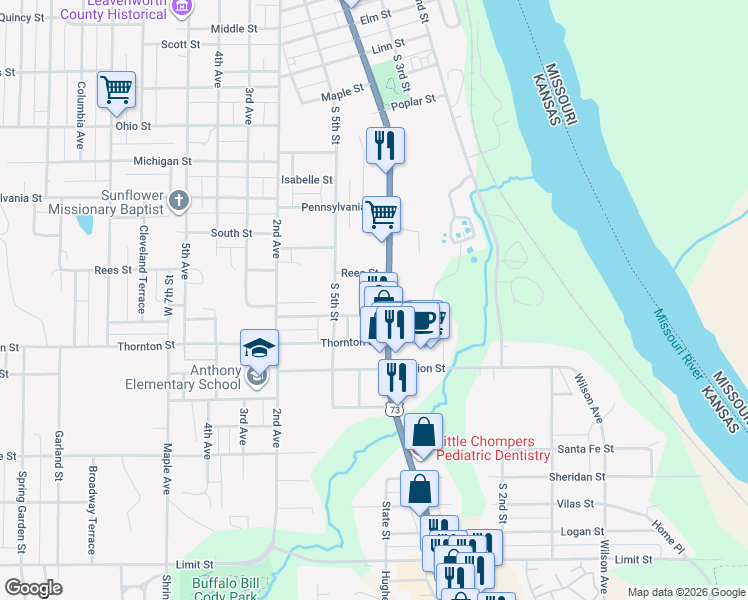 map of restaurants, bars, coffee shops, grocery stores, and more near 1926 South 4th Street in Leavenworth