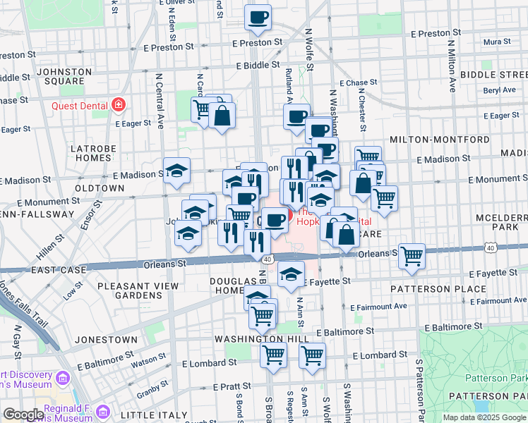 map of restaurants, bars, coffee shops, grocery stores, and more near 601 N Broadway in Baltimore