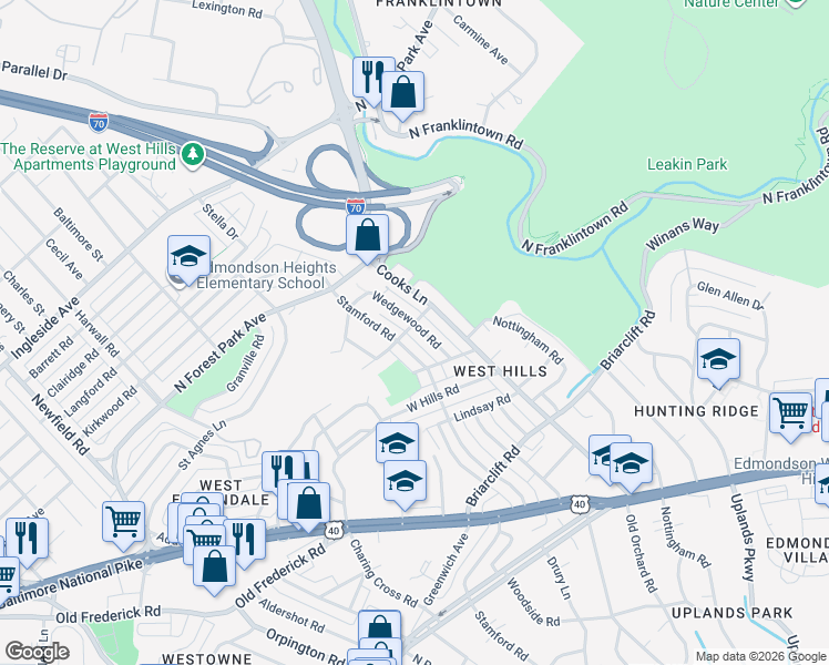 map of restaurants, bars, coffee shops, grocery stores, and more near 1038 Wedgewood Road in Baltimore