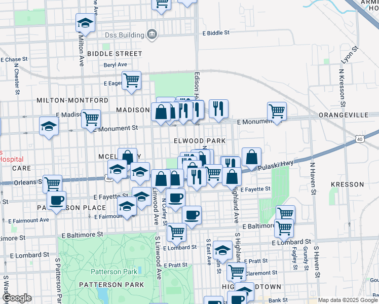 map of restaurants, bars, coffee shops, grocery stores, and more near 513 North Ellwood Avenue in Baltimore