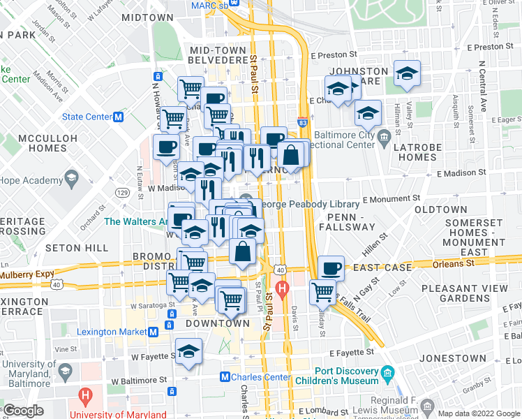 map of restaurants, bars, coffee shops, grocery stores, and more near 651 St Paul St in Baltimore