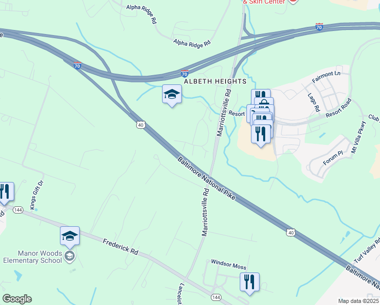 map of restaurants, bars, coffee shops, grocery stores, and more near 11712 Keystone Lane in Ellicott City