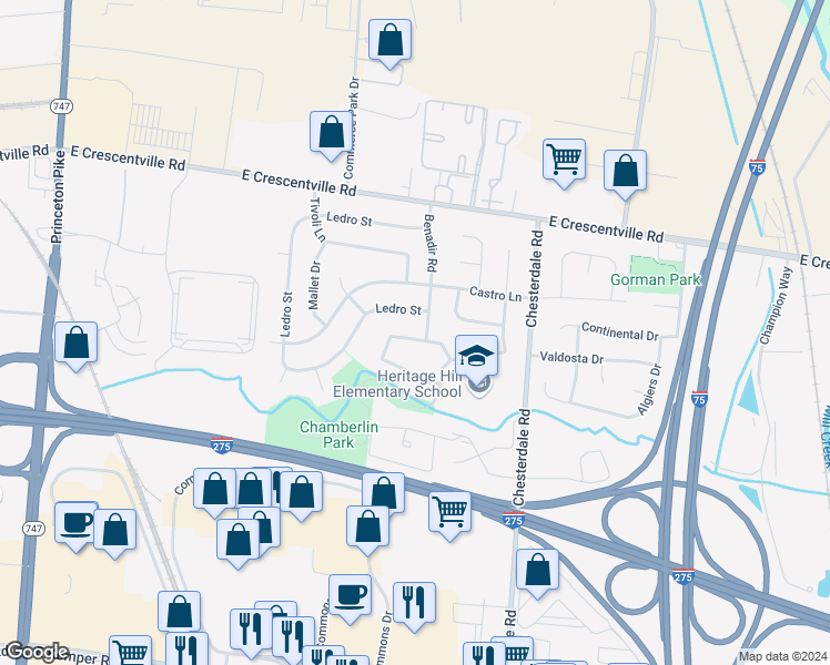 map of restaurants, bars, coffee shops, grocery stores, and more near 1064 Terrytown Court in Cincinnati