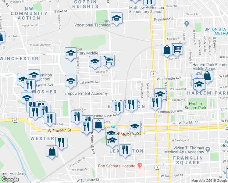 map of restaurants, bars, coffee shops, grocery stores, and more near 811 North Bentalou Street in Baltimore