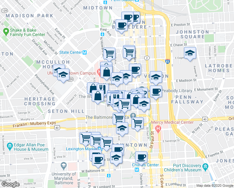 map of restaurants, bars, coffee shops, grocery stores, and more near Park Ave & W Monument St in Baltimore