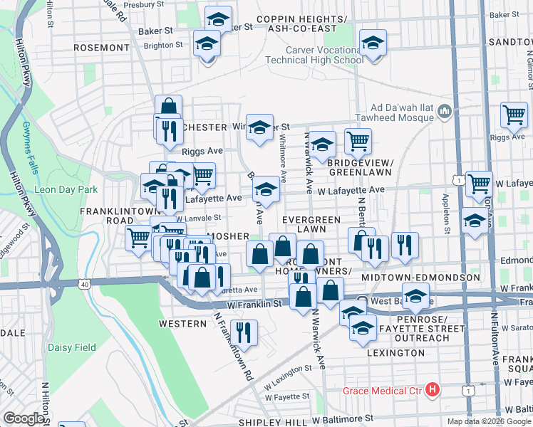 map of restaurants, bars, coffee shops, grocery stores, and more near 851 Braddish Avenue in Baltimore