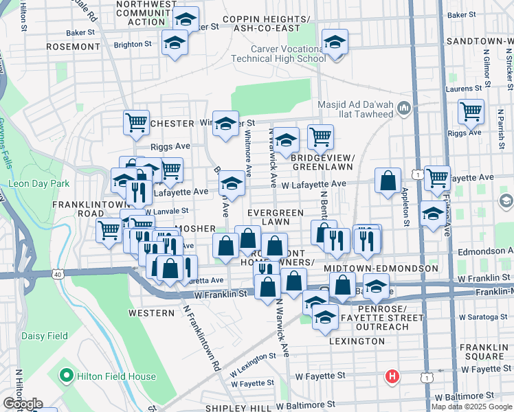 map of restaurants, bars, coffee shops, grocery stores, and more near 2537 Calverton Heights Avenue in Baltimore