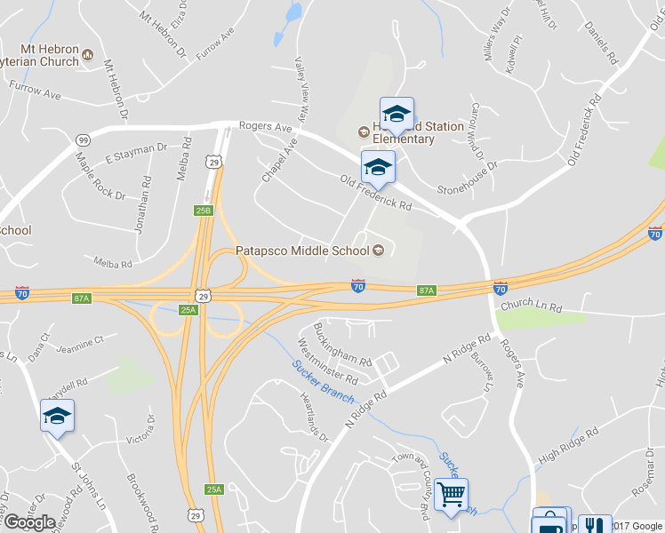 map of restaurants, bars, coffee shops, grocery stores, and more near 2645 Orchard Avenue in Ellicott City