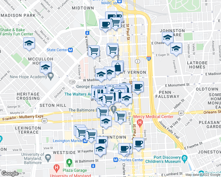 map of restaurants, bars, coffee shops, grocery stores, and more near Cathedral St & W Monument St in Baltimore