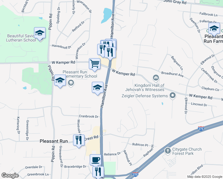 map of restaurants, bars, coffee shops, grocery stores, and more near 11808 Hamilton Avenue in Cincinnati