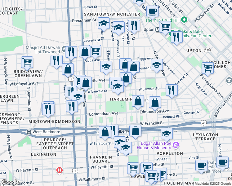 map of restaurants, bars, coffee shops, grocery stores, and more near 1401 West Lafayette Avenue in Baltimore