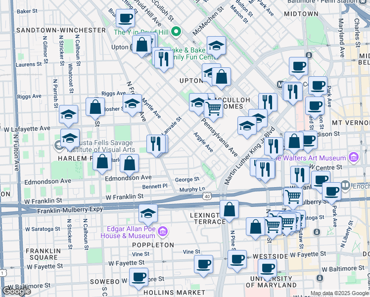 map of restaurants, bars, coffee shops, grocery stores, and more near 1134 Myrtle Avenue in Baltimore