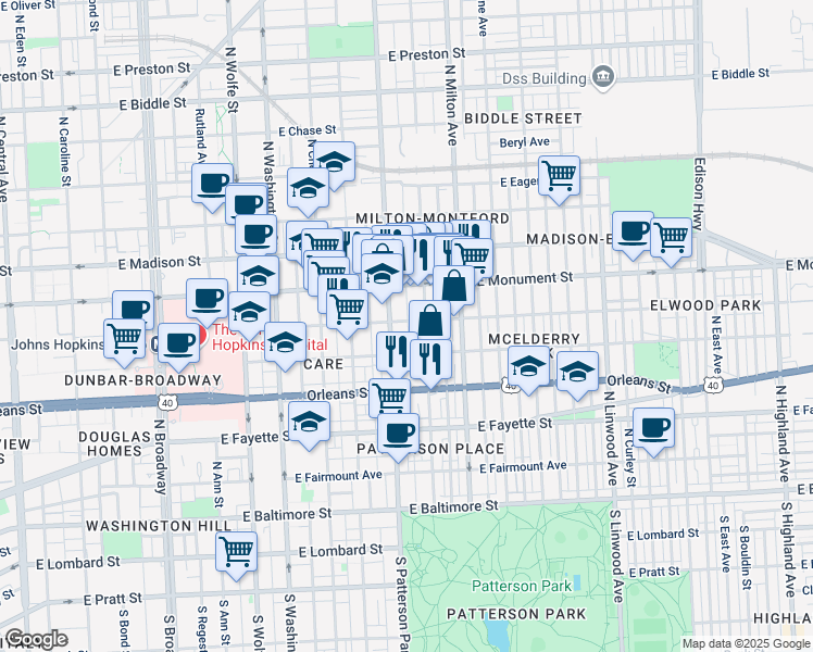map of restaurants, bars, coffee shops, grocery stores, and more near 2319 McElderry Street in Baltimore