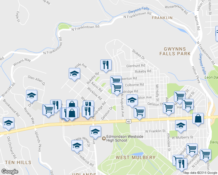 map of restaurants, bars, coffee shops, grocery stores, and more near 4211 Colborne Road in Baltimore