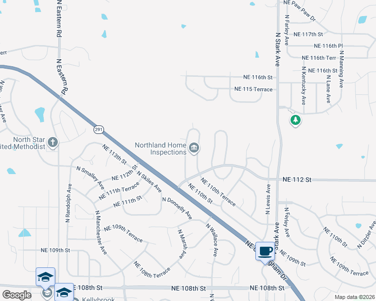 map of restaurants, bars, coffee shops, grocery stores, and more near 11214 North Donnelly Avenue in Kansas City