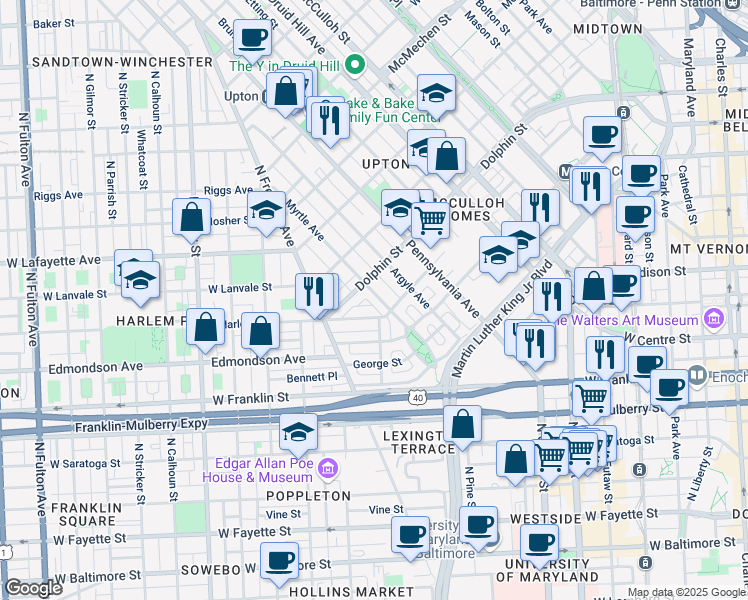 map of restaurants, bars, coffee shops, grocery stores, and more near 1134 Myrtle Avenue in Baltimore
