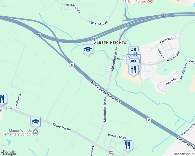 map of restaurants, bars, coffee shops, grocery stores, and more near 11708 Keystone Lane in Ellicott City