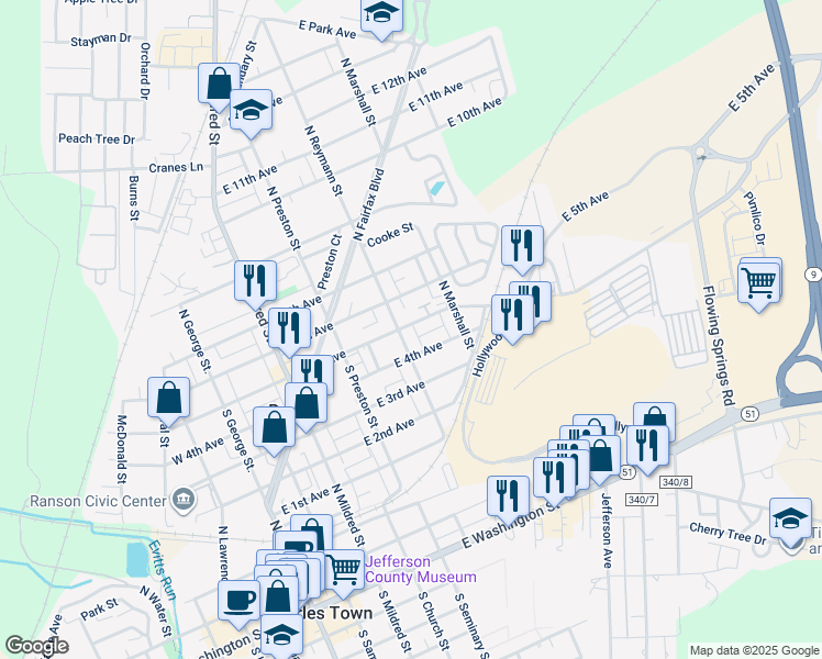 map of restaurants, bars, coffee shops, grocery stores, and more near 316 East 5th Avenue in Ranson