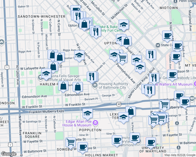 map of restaurants, bars, coffee shops, grocery stores, and more near 744 Dolphin Street in Baltimore