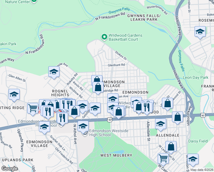 map of restaurants, bars, coffee shops, grocery stores, and more near 4103 Colborne Road in Baltimore