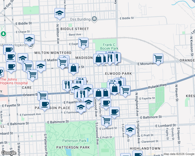 map of restaurants, bars, coffee shops, grocery stores, and more near 530 North Curley Street in Baltimore