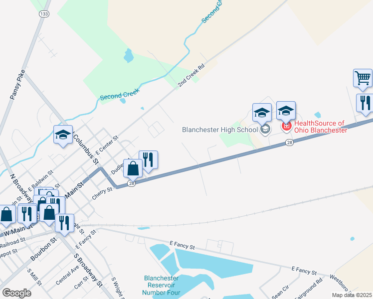 map of restaurants, bars, coffee shops, grocery stores, and more near 849 Cherry Street in Blanchester