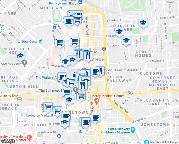 map of restaurants, bars, coffee shops, grocery stores, and more near St Paul St & E Monument St in Baltimore