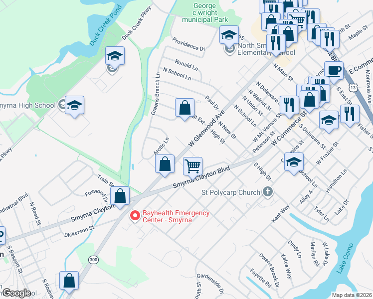 map of restaurants, bars, coffee shops, grocery stores, and more near 655 West Glenwood Avenue in Smyrna