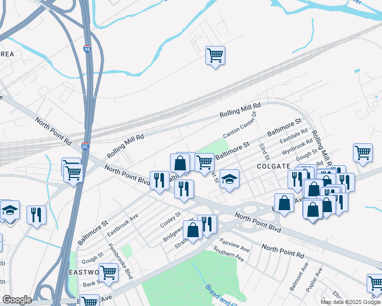 map of restaurants, bars, coffee shops, grocery stores, and more near 7616 Canton Center Drive in Baltimore