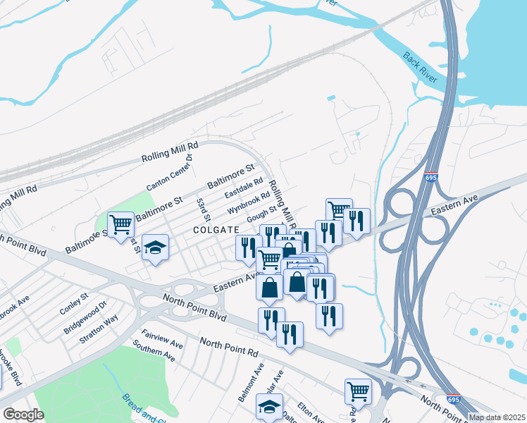 map of restaurants, bars, coffee shops, grocery stores, and more near 8042 Gough Street in Baltimore