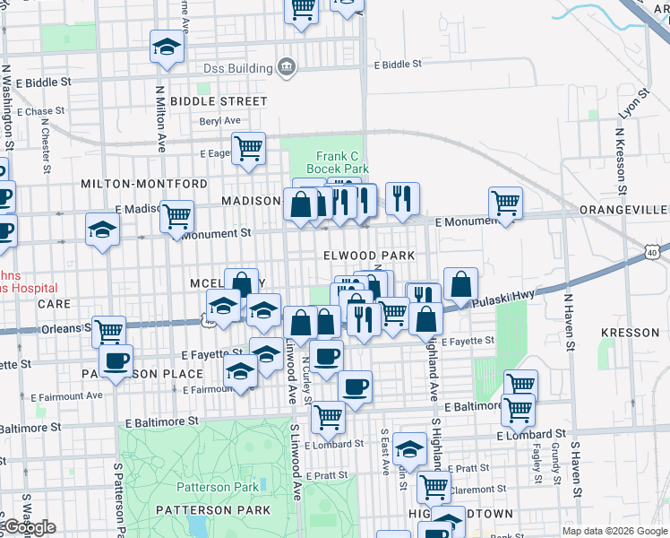 map of restaurants, bars, coffee shops, grocery stores, and more near 531 North Decker Avenue in Baltimore