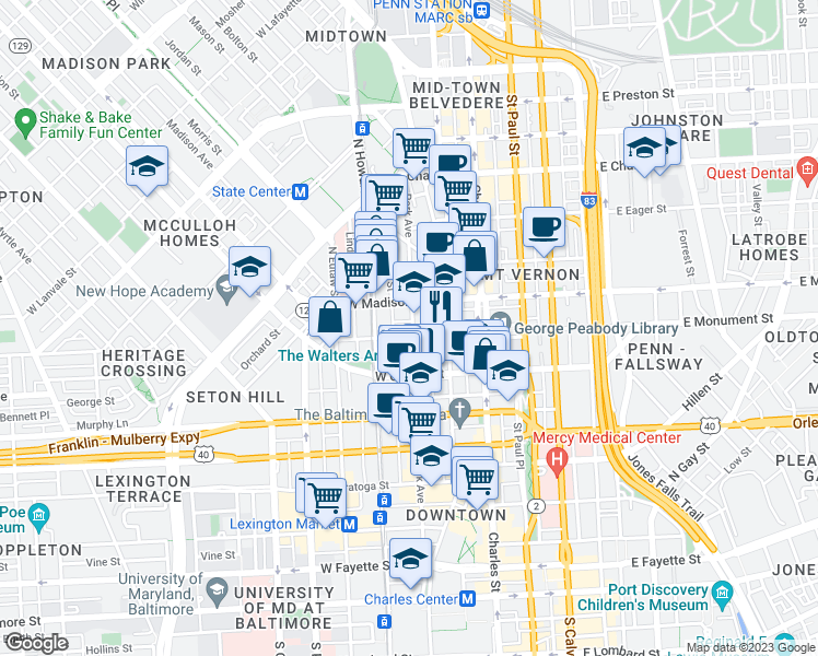 map of restaurants, bars, coffee shops, grocery stores, and more near 700 Park Avenue in Baltimore