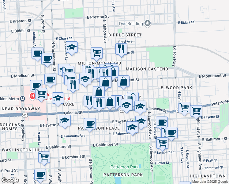 map of restaurants, bars, coffee shops, grocery stores, and more near 535 N Rose St in Baltimore
