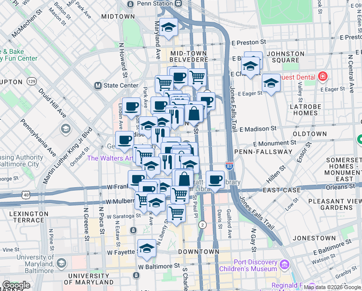 map of restaurants, bars, coffee shops, grocery stores, and more near Washington Pl & E Mt Vernon Pl in Baltimore