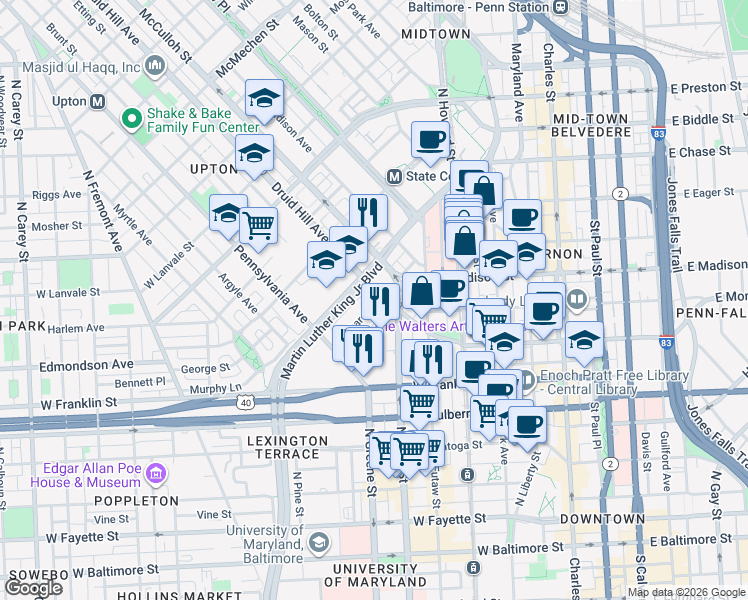 map of restaurants, bars, coffee shops, grocery stores, and more near 510 Orchard Street in Baltimore
