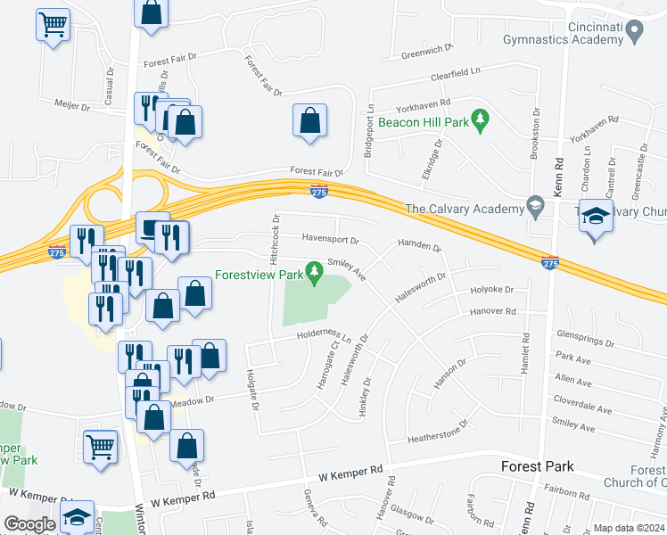 map of restaurants, bars, coffee shops, grocery stores, and more near 965 Smiley Avenue in Cincinnati