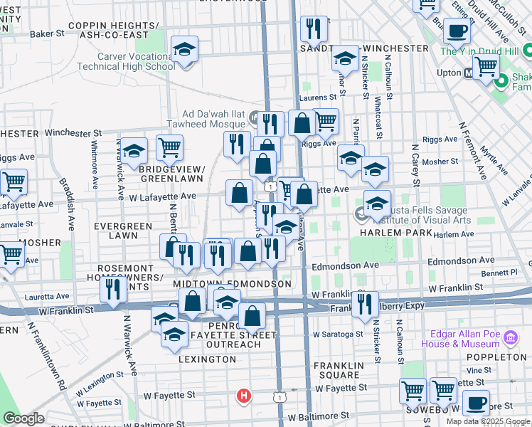 map of restaurants, bars, coffee shops, grocery stores, and more near 1910 West Lanvale Street in Baltimore