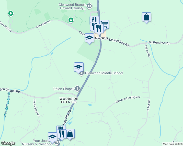 map of restaurants, bars, coffee shops, grocery stores, and more near 2669 Roxbury Mills Road in Glenwood