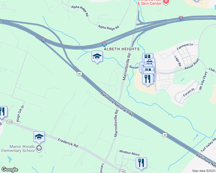 map of restaurants, bars, coffee shops, grocery stores, and more near 11702 Keystone Lane in Ellicott City