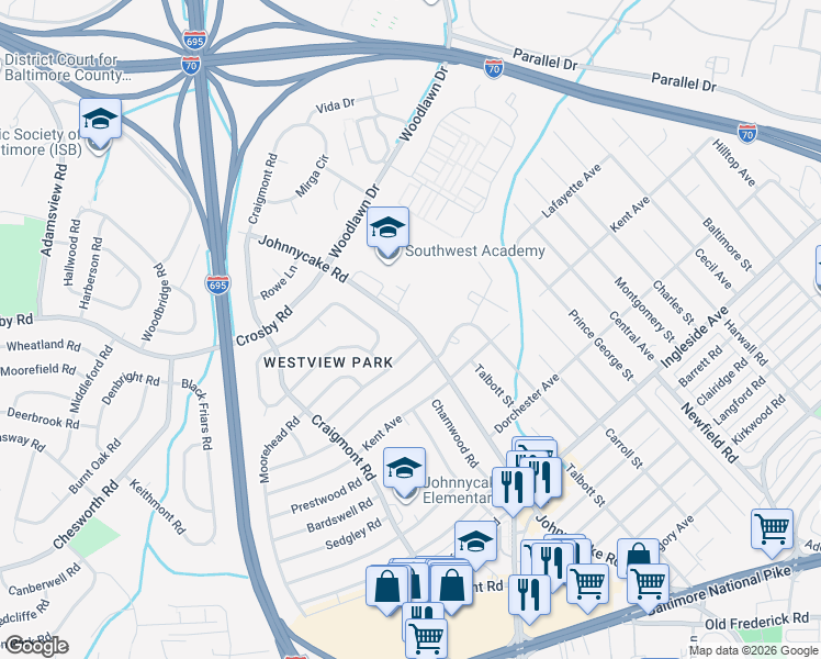 map of restaurants, bars, coffee shops, grocery stores, and more near 6119 Johnnycake Road in Catonsville