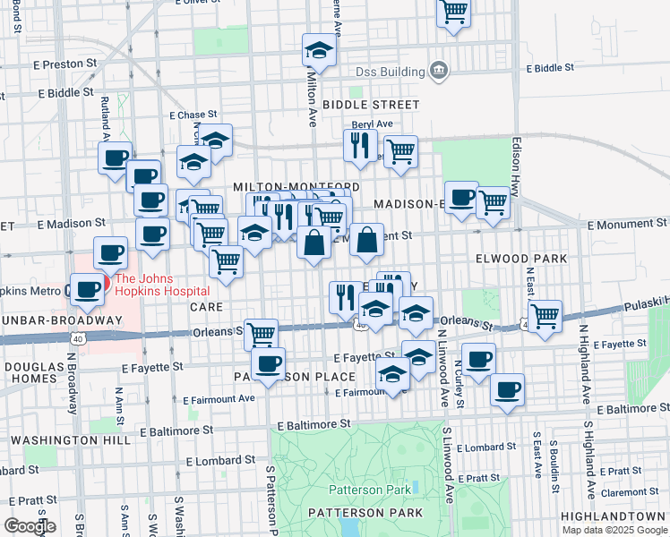 map of restaurants, bars, coffee shops, grocery stores, and more near 618 North Luzerne Avenue in Baltimore