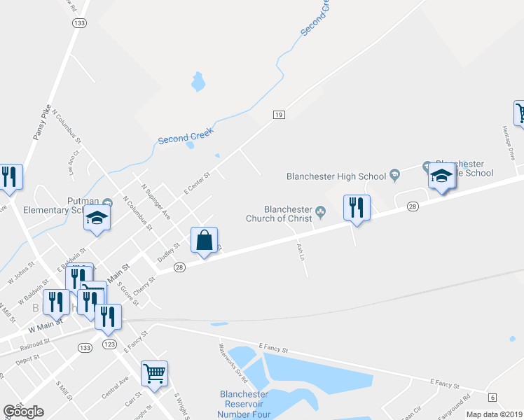map of restaurants, bars, coffee shops, grocery stores, and more near 901 Cherry Street in Blanchester