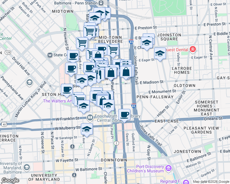 map of restaurants, bars, coffee shops, grocery stores, and more near 701 Saint Paul Street in Baltimore
