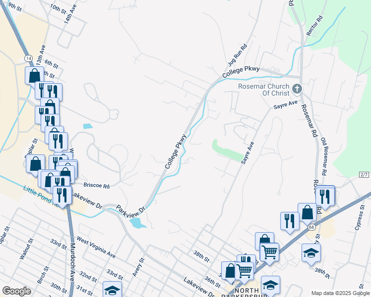 map of restaurants, bars, coffee shops, grocery stores, and more near 4157 Briscoe Run Road in Parkersburg