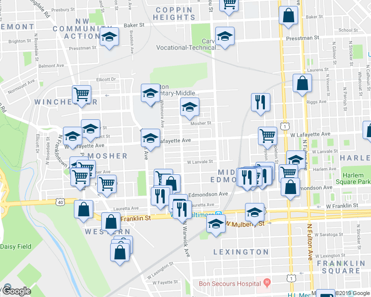 map of restaurants, bars, coffee shops, grocery stores, and more near 2430 Calverton Heights Avenue in Baltimore