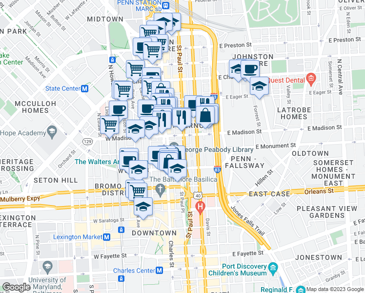 map of restaurants, bars, coffee shops, grocery stores, and more near 28 E Mt Vernon Pl in Baltimore