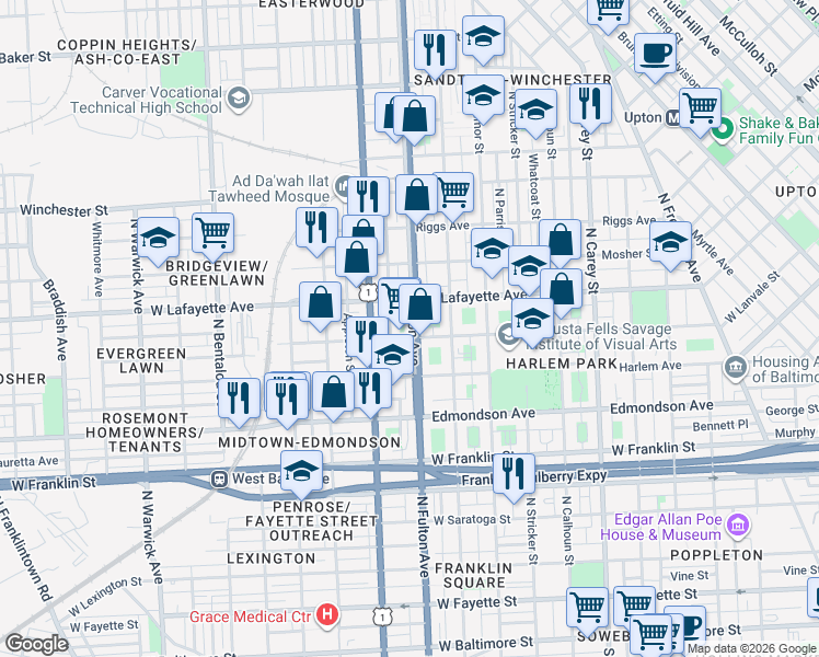 map of restaurants, bars, coffee shops, grocery stores, and more near 806 North Fulton Avenue in Baltimore